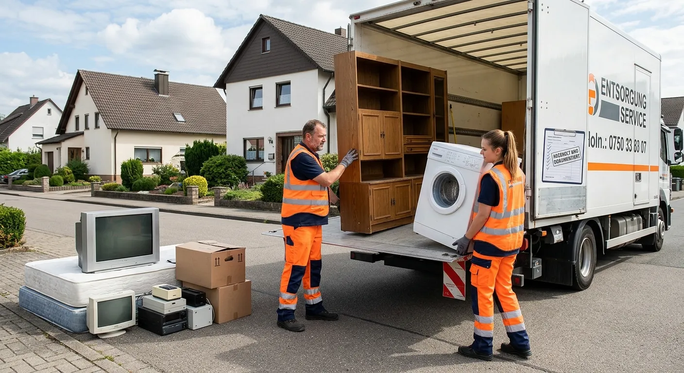 Zwei Mitarbeiter in Warnwesten laden Schrankwand, Waschmaschine und Elektroschrott in den Entsorgungs-Lkw