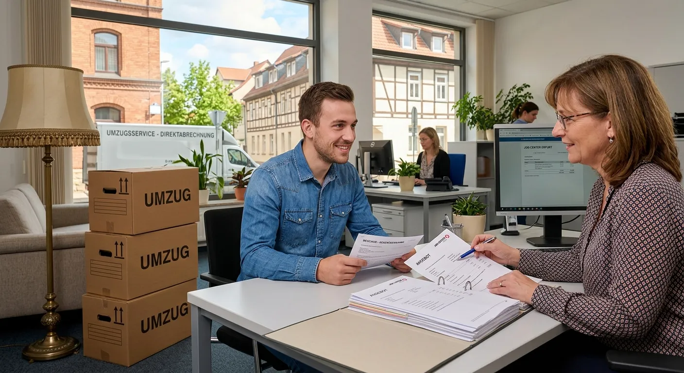 Kunde und Sachbearbeiterin gehen im Amt das Umzugsangebot und den Kostenübernahme-Bescheid durch