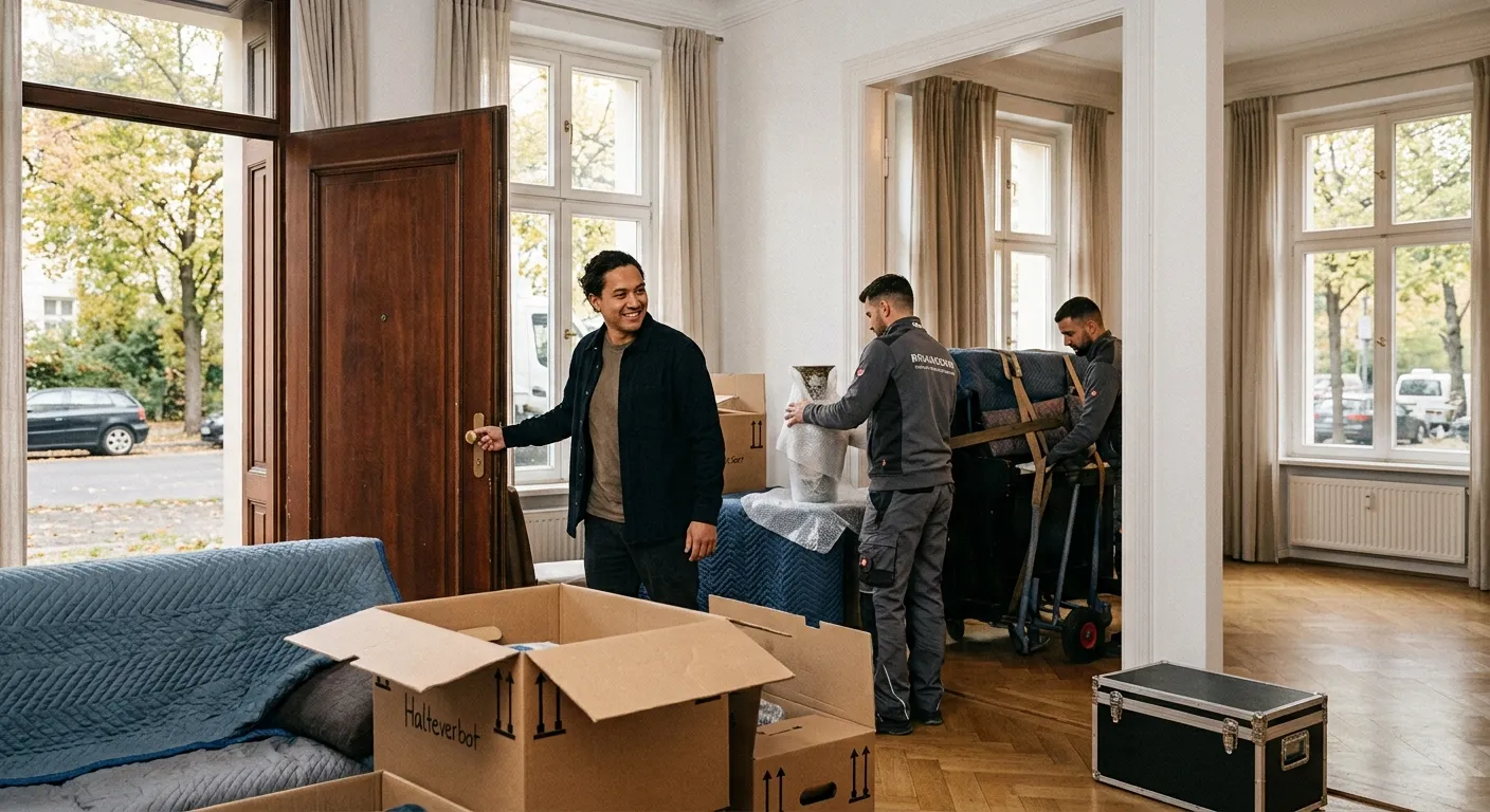 Kunde öffnet die Wohnungstür, während zwei Träger eine verpackte Vase und Möbel auf der Sackkarre aus dem Altbau tragen